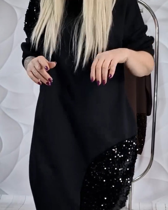 Robe Col Rond À Paillettes Patchwork