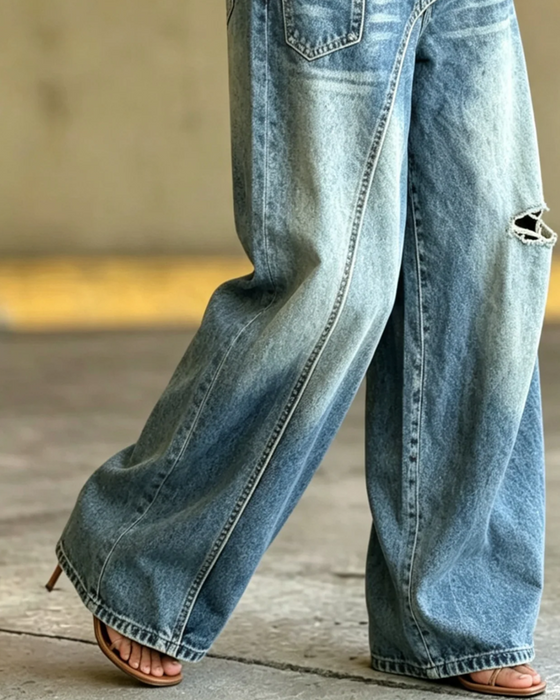 Pantalon Irrégulier Denim Déchiré Long