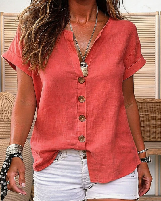 Chemise Encolure V À Un Rang Manche Courte