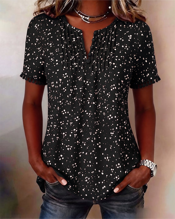 Blouse Point Blanc Frange Manches Courtes