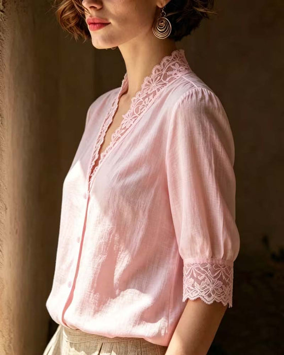 Blouse Col V Dentelle Patchwork Unie Manche Trois Quarts