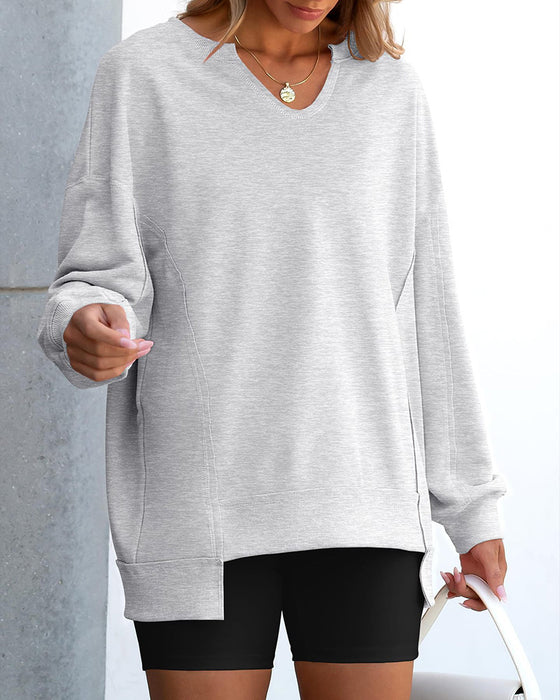 Sweat Petit Col V Ample Décontracté Manches Longue