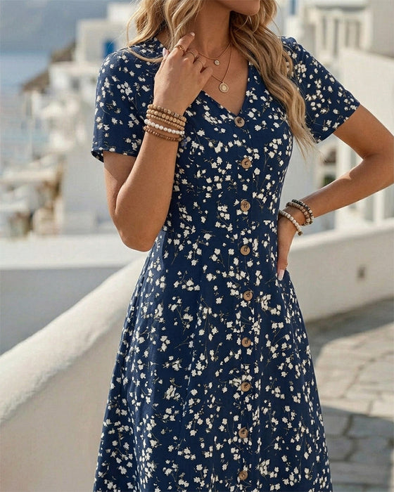 Robes Col V Bouton Taille Cintrée A-Ligne