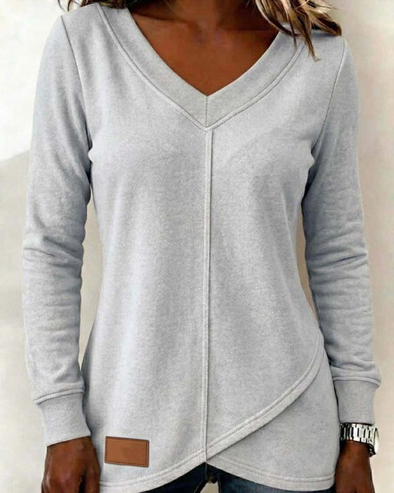 Sweatshirt Col-V Manche-Longue Croisé Asymétrique