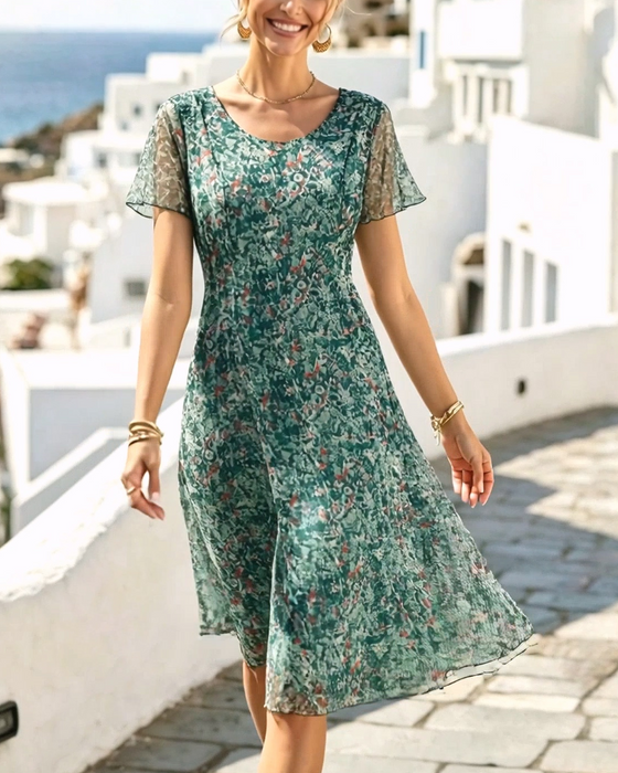 Robe Floral Manche Courte A-Ligne