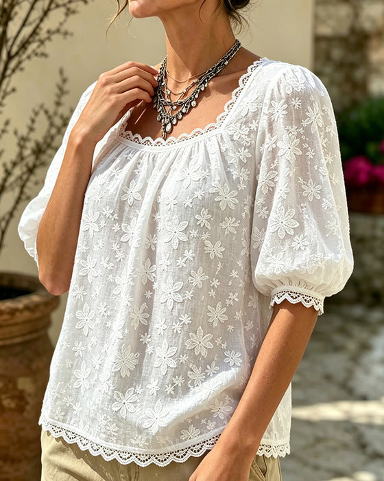 Chemisier À Col Carré Manches Bouffantes Jacquard