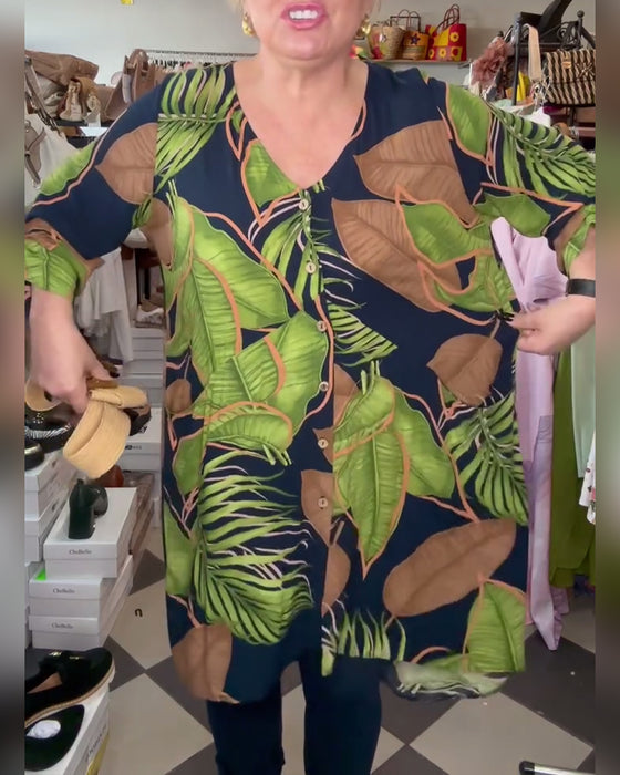 Robe Ample À Imprimé Feuillage Et Col En V