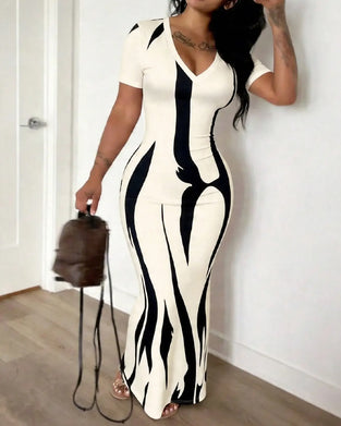 Robe Col V Rayure Ajustée Cintrée