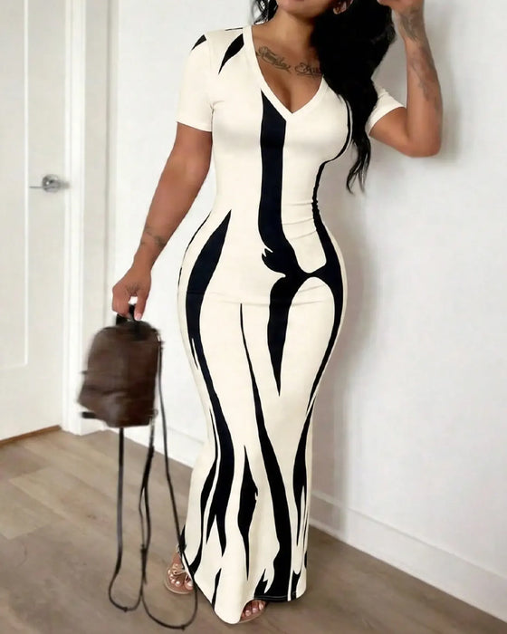 Robe Col V Rayure Ajustée Cintrée