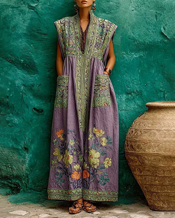 Robe Rétro Imprimé Poche Sans Manches Longue