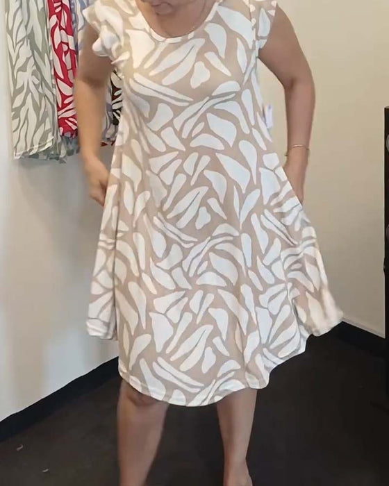 Robe Petites Manches Volantes Col Rond Imprimé Géométrique