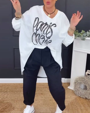 Haut Col Rond Imprimé Lettre Irrégulier