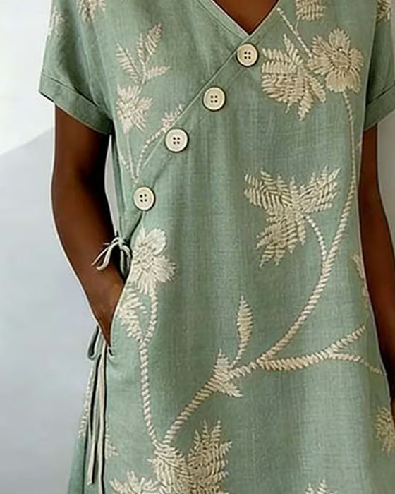 Robe Bouton Diagonal Imprimé Col V Midi