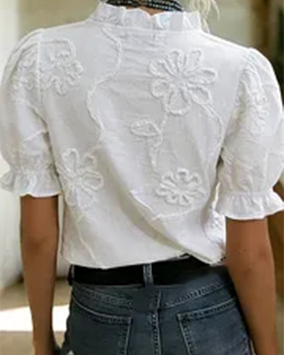 Blouse Col En V Bordure Volantée Manche Bouffante