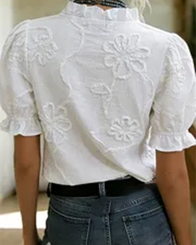 Blouse Col En V Bordure Volantée Manche Bouffante