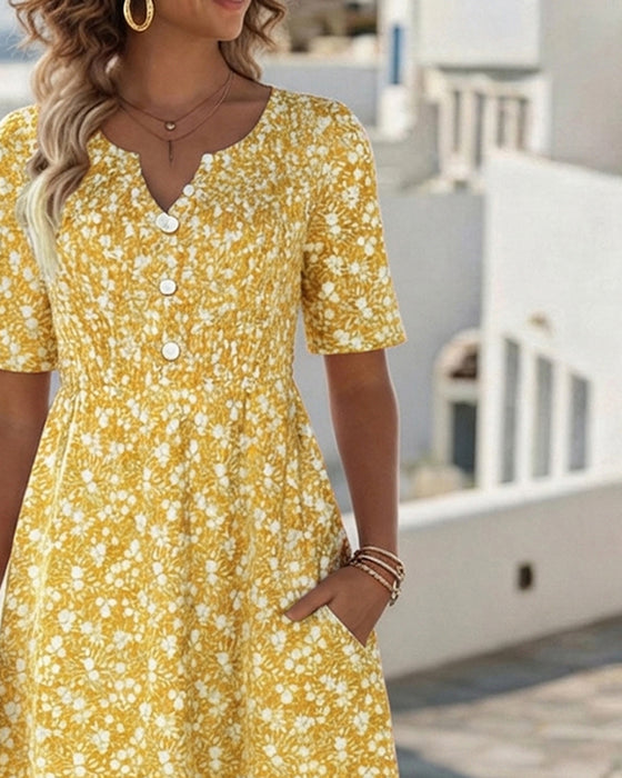 Robe Col V Manches Courtes Fleurie
