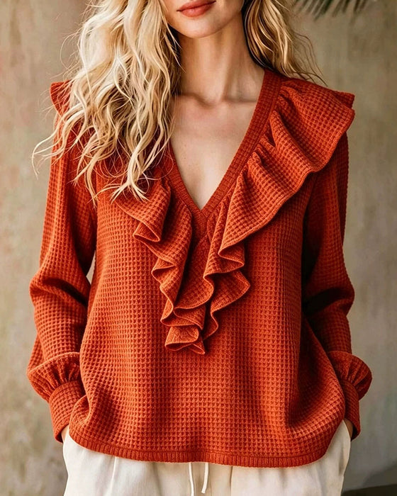 Blouse Tricot Gaufré Col En V Volant
