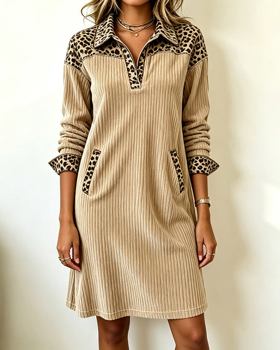 Robe En Velours Côtelé Imprimé Léopard Patchwork Revers Shift