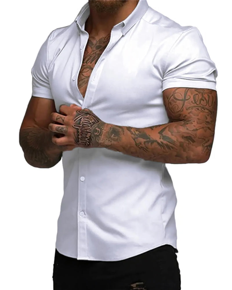 Chemise Haute Élasticité Revers Manches Courtes Homme