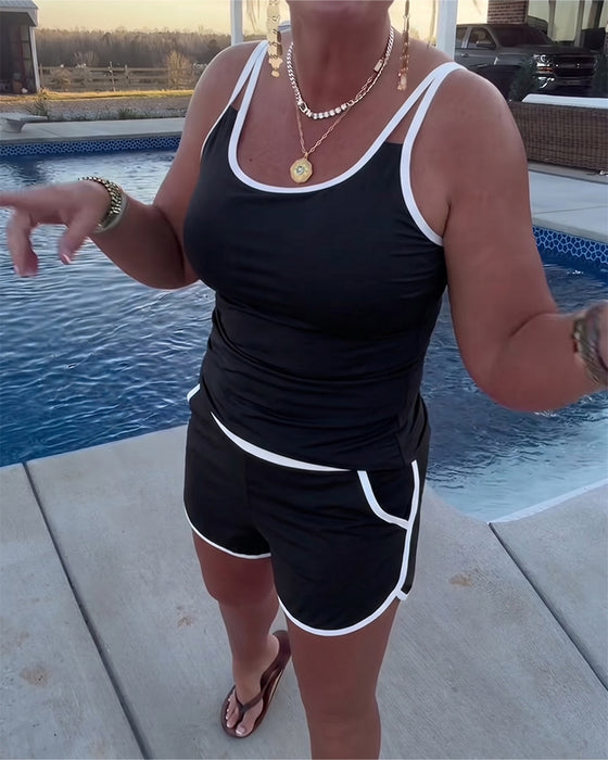 Tankini Avec Contraste De Couleur Passepoil Appliqué