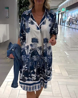 Robe décontractée à manches trois-quarts à revers et imprimé botanique
