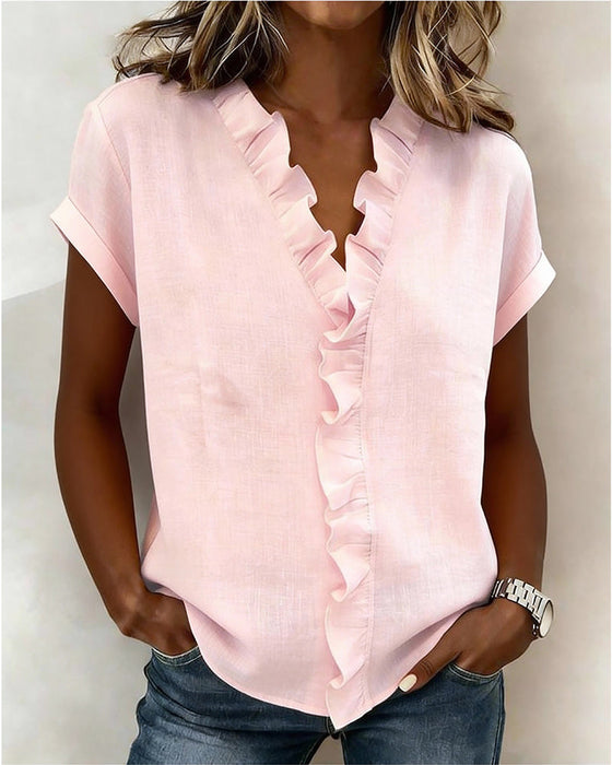 Blouse À Manches Courtes En Pur Coton Avec Col À Volants