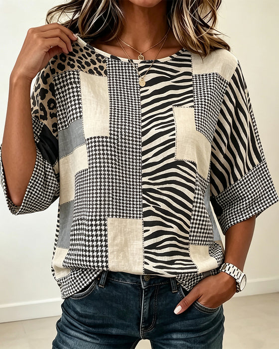 Blouse Col Rond Patchwork Plaid Léopard
