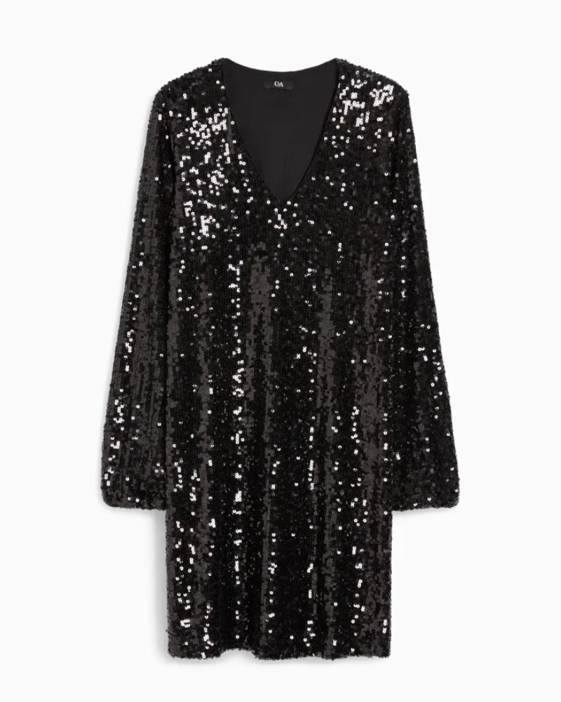 Robe élégante à paillettes de couleur unie et col en V