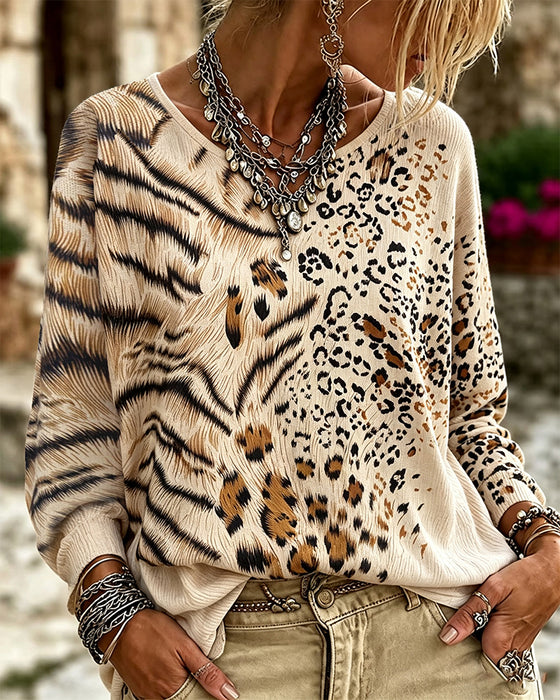Blouse Col Rond Léopard Manche Longue