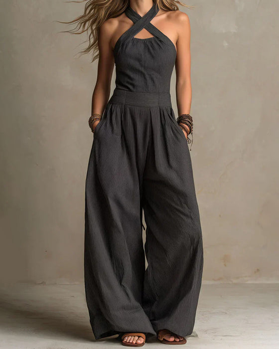 Jumpsuit Halter Croisé Sans Manches Rayure