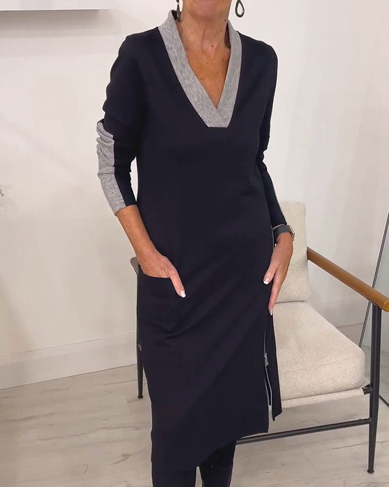 Robe Bloc De Couleur Col En V Tricotée Midi