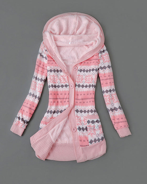 Manteau Imprimé À Capuche Boutonné