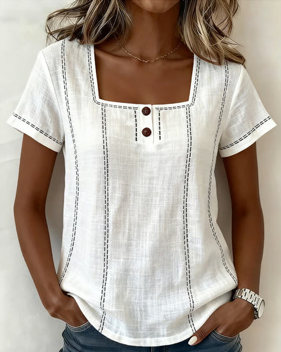 Blouse Petit Col Carré Uni Bouton
