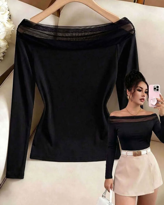 Blouse Bardot Mesh Slim Fit Manches Longues