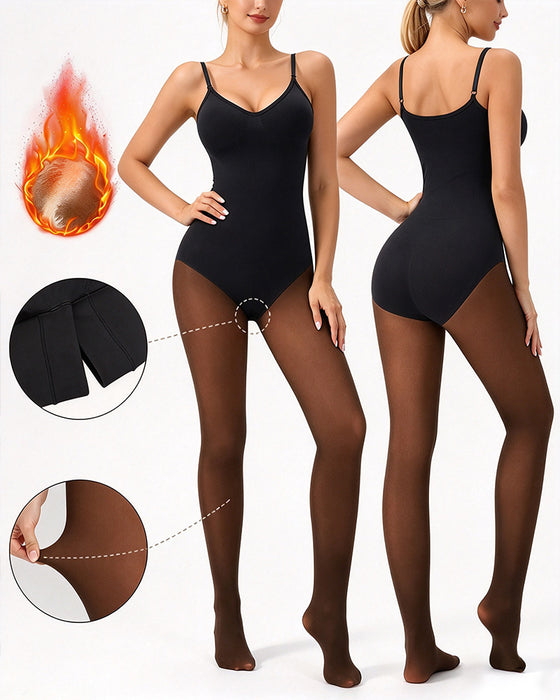 Panneau Transparent Avec Collant Doublé Polaire Stay-Warm Contrôle Du Ventre Effet Transparent Collant Bodysuit Noir Basique