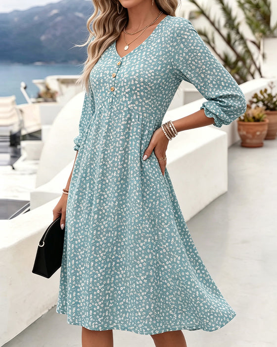Robe Col En V Fleurie Manches Ballon Coupe A