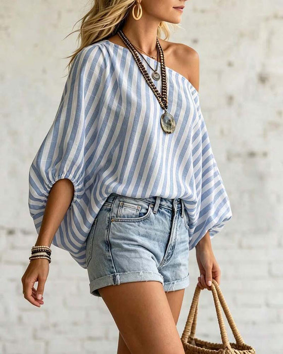 Blouse Col Asymétrique Rayure Manches Ballon