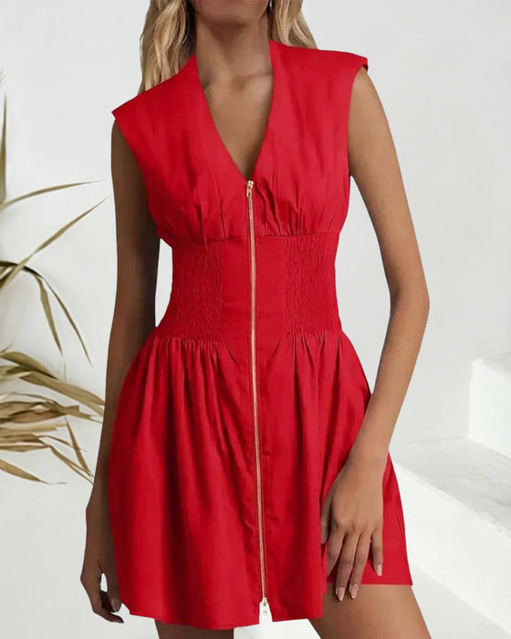 Robe Col En V Fermeture Éclair Taille Cintrée Sans Manches