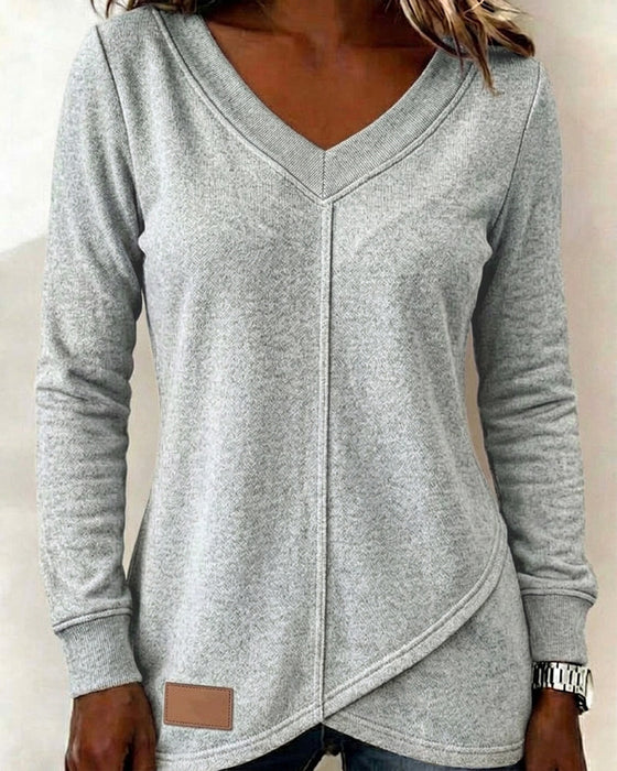 Sweatshirt Col-V Manche-Longue Croisé Asymétrique