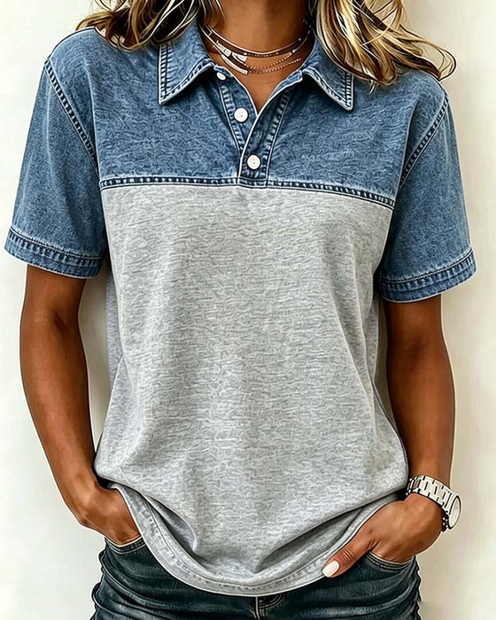 Blouse Manche Courte Col Chemise Denim Patchwork