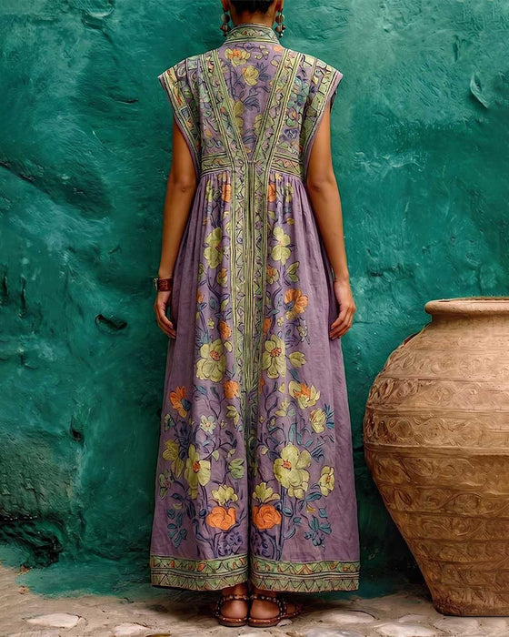 Robe Rétro Imprimé Poche Sans Manches Longue