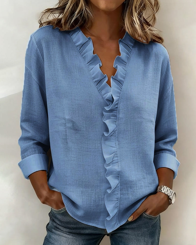 Blouse Froncé Col En V Manches Longues