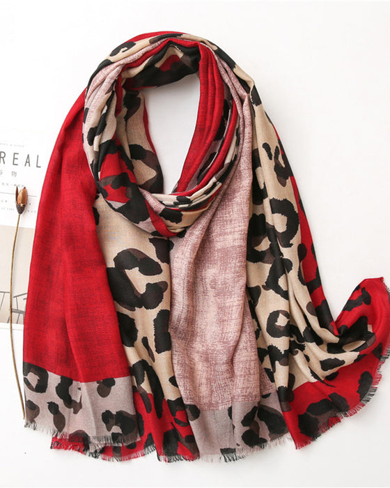 Écharpe Femme Léopard Patchwork Imprimé Franges Châle