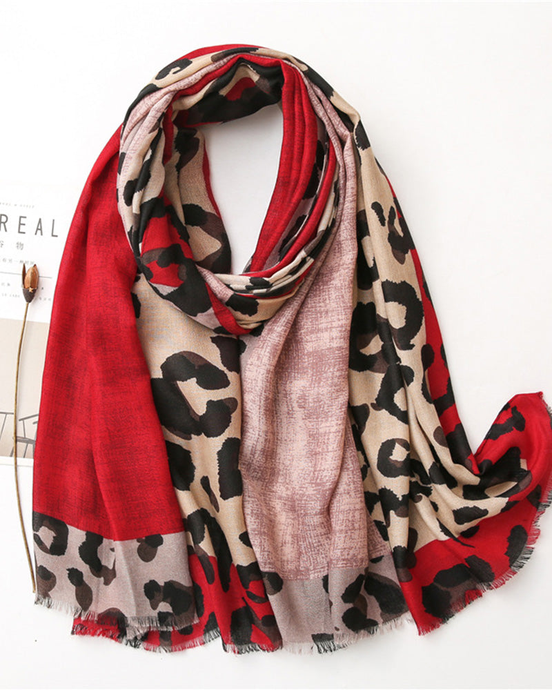 Écharpe Femme Léopard Patchwork Imprimé Franges Châle