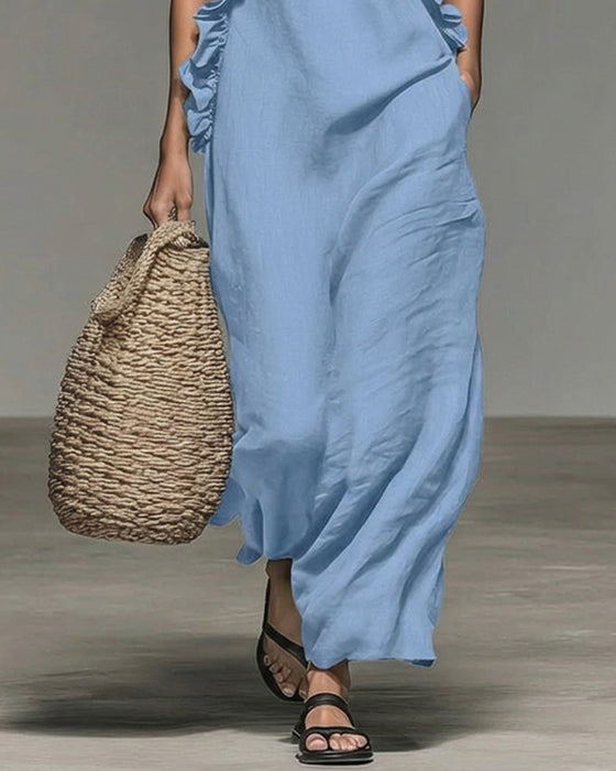 Robe Col Nuque Volantée Longue