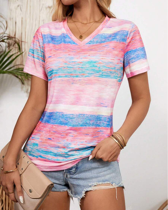 T-Shirt Col En V Rayé Multicolore Polyvalent