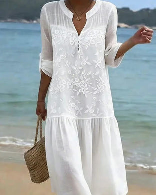Robe Col En V Brodé Vacances Style