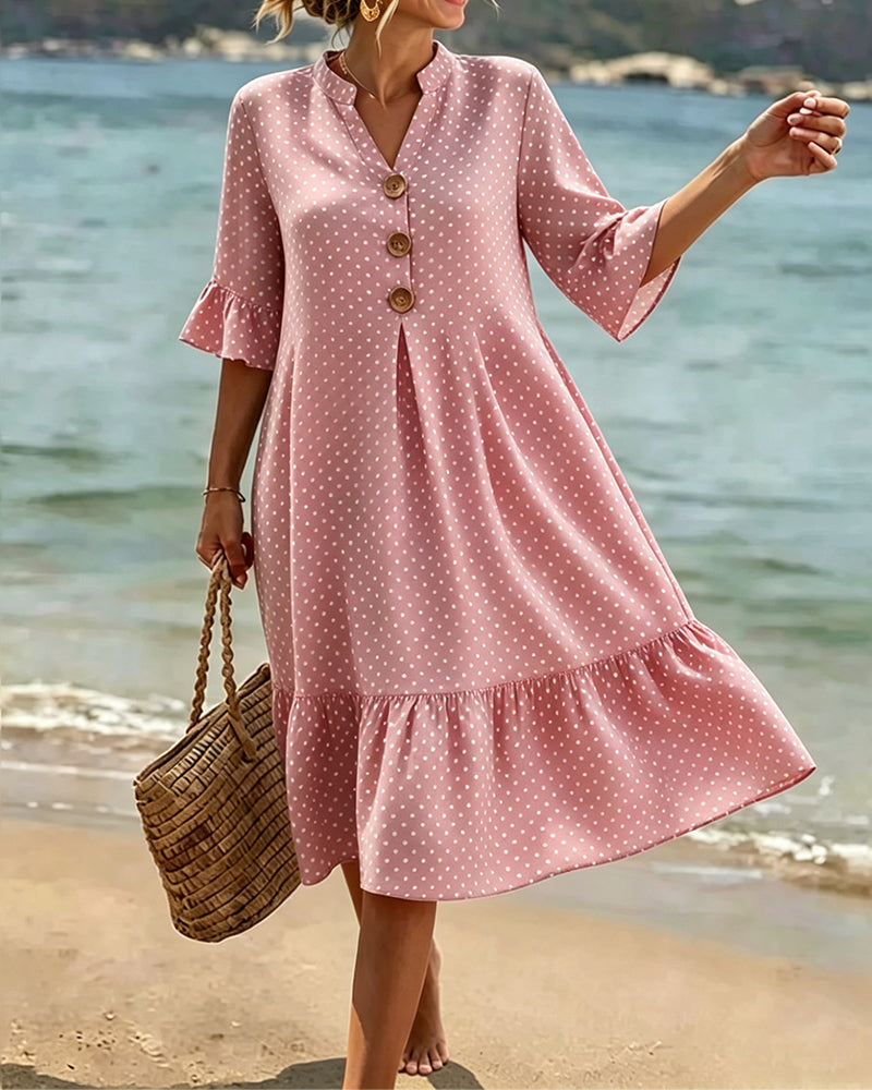Robe Polka Dot Col V Volanté Manche