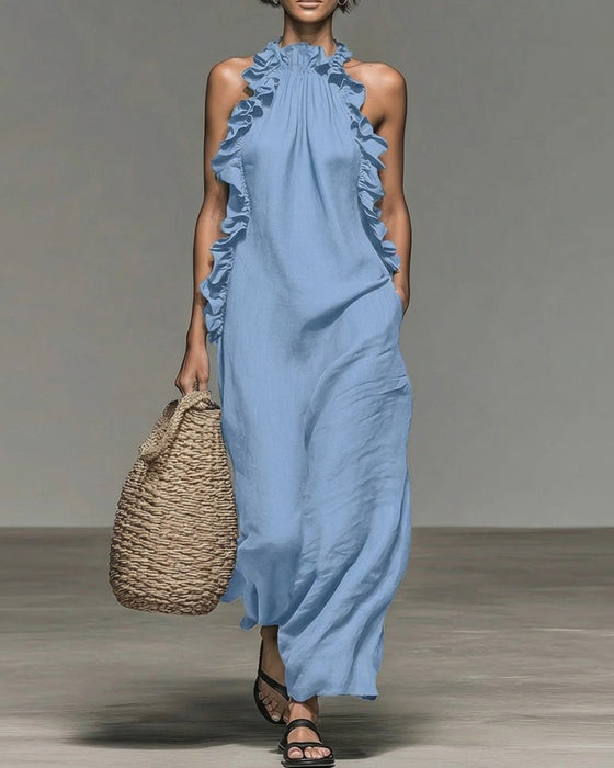 Robe Col Nuque Volantée Longue