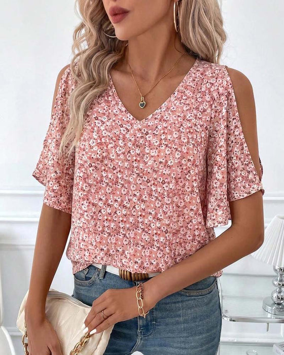 Blouse Col V Florale Off-Shoulder Manche Papillon